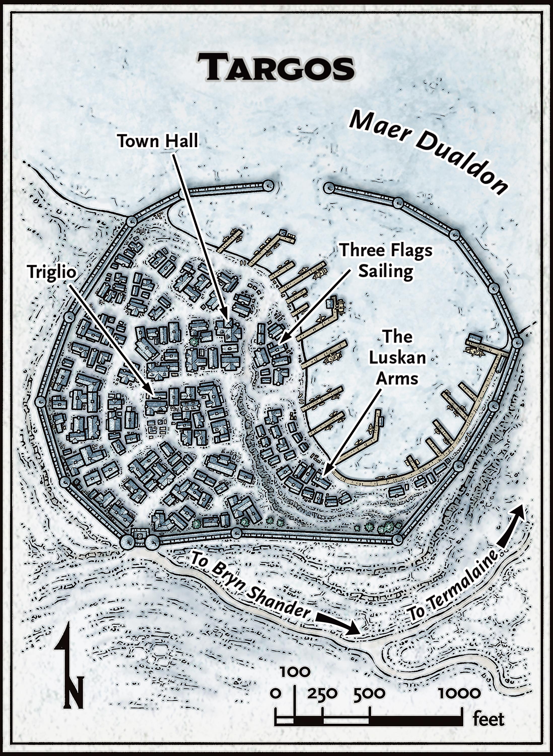 Map of Targos settlement showing town layout, streets, and notable buildings